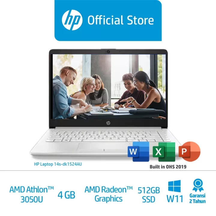 HP 14s-dk1524AU Silver Laptop Kosumer (4X747PA) / 14" HD 1366 x 768 / AMD Athlon Silver 3050U / 4GB / AMD Radeon™ Graphics / 512GBSSD / W10 / Termasuk Microsoft Office Home & Student 2019
