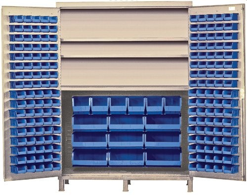 Jumbo Beige Storage Cabinet W/185 Blue Trash Can