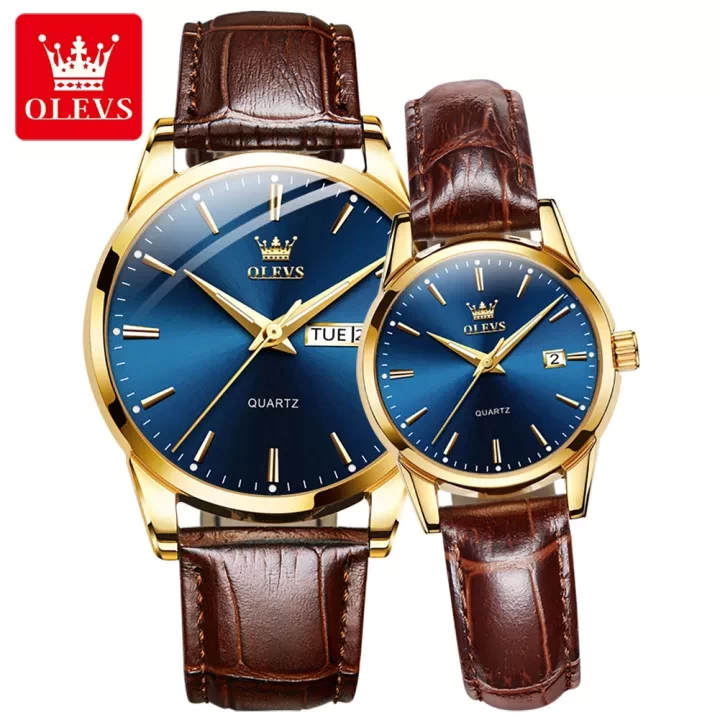 Swiss certified brand OLEVS 2pcs (men's clock+women's clock) new couple watch 2022 waterproof genuine original imported sapphire glass leather strap Luminous calendar