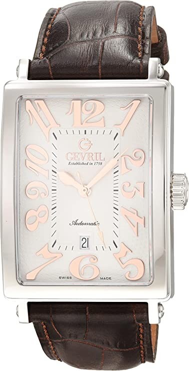 Gevril Men's Ave of Americas Swiss Automatic Watch, Authentic Handmade Italian Leather Strap, Silver, Automatic Watch