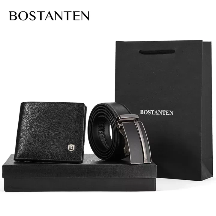 BOSTANTEN Men's Genuine Leather Wallet And Cowhide Belt Combination Set