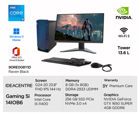 Lenovo PC IdeaCentre Gaming 5i 14IOB6 8YID i5 11400 Win11 8GB 256GB SSD NVIDIA GTX 1650 SUPER 4GB OHS Desktop Tower Intel