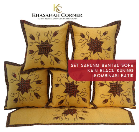 Set Sarung Bantal Kursi/Sofa+Taplak Meja Blacu Kuning Kombinasi Batik Truntum-Bordir/dekorasi