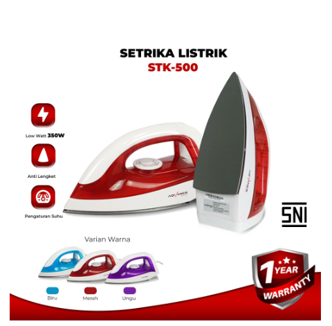 Advance Setrika Listrik Anti Lengket STK-500 Hemat Listrik 350 Watt Garansi Resmi 1 Tahun